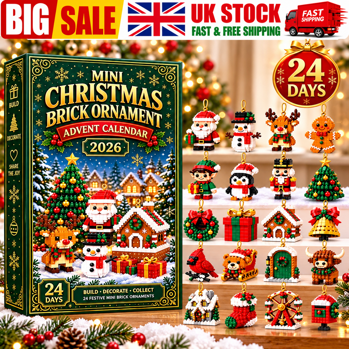 2026 Mini Christmas Brick Ornament Advent Calendar – 24 Buildable Holiday Decorations