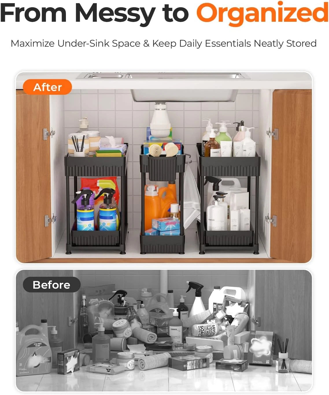 3 Pack 2 Tier Under Sink Organizer with Sliding Drawers, Cabinet Storage Shelf, Kitchen & Bathroom Storage Rack Black