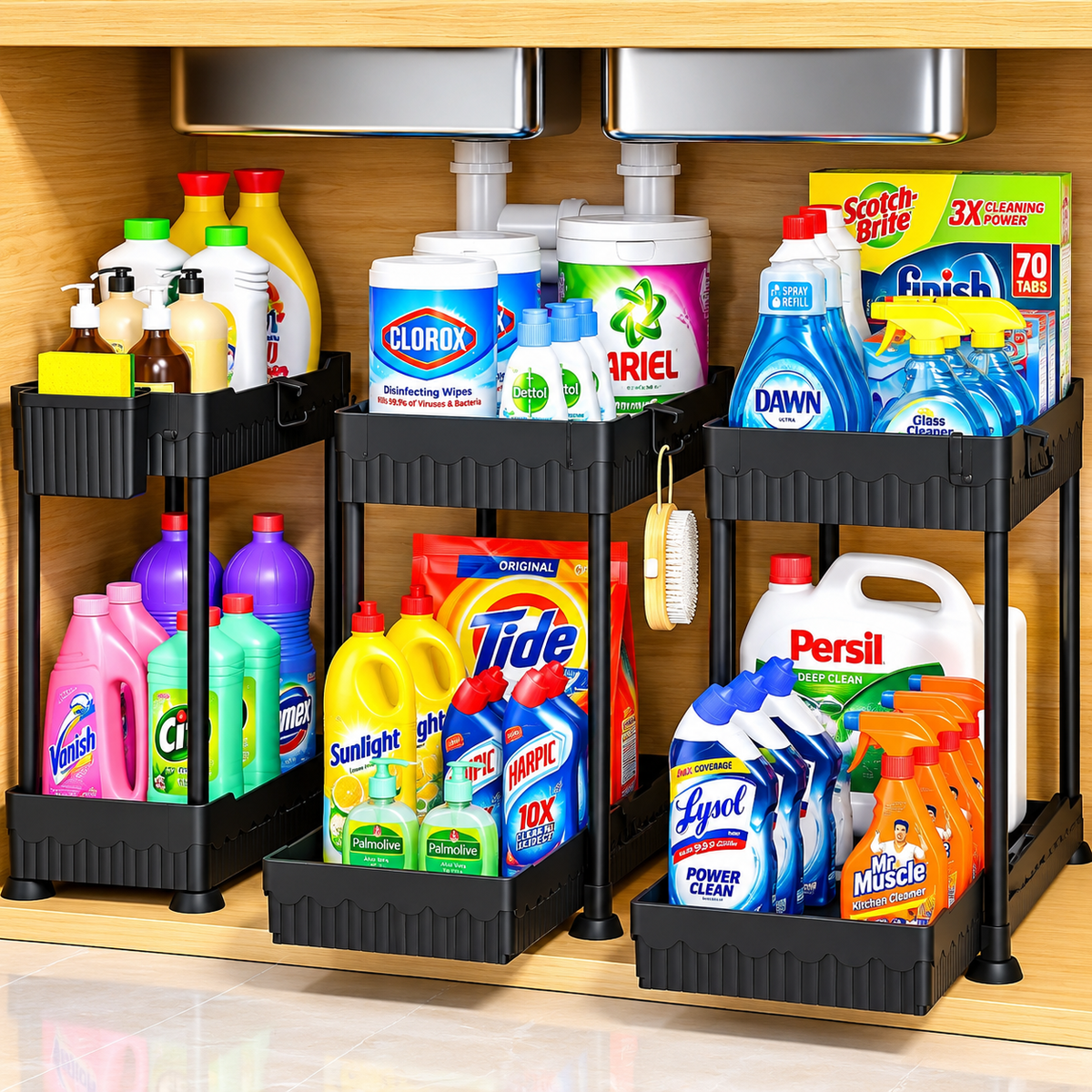 3 Pack 2 Tier Under Sink Organizer with Sliding Drawers, Cabinet Storage Shelf, Kitchen & Bathroom Storage Rack Black
