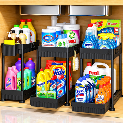3 Pack 2 Tier Under Sink Organizer with Sliding Drawers, Cabinet Storage Shelf, Kitchen & Bathroom Storage Rack Black