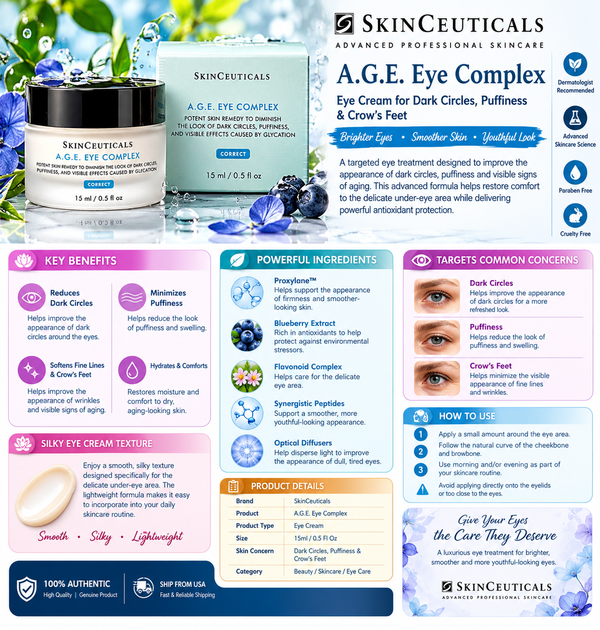 Skinceuticals A.G.E. Eye Complex 15 Ml 0.5 Fl Oz 100% Authentic Ship From USA