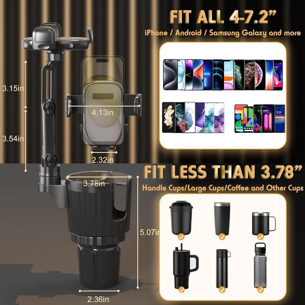 2 in 1 Car Phone Holder with Cup Holder Expander, Adjustable Base, 360° Rotating Universal Phone Mount