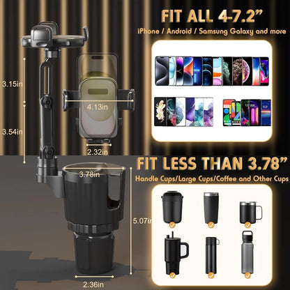 2 in 1 Car Phone Holder with Cup Holder Expander, Adjustable Base, 360° Rotating Universal Phone Mount