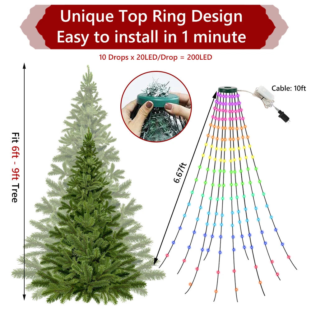 Smart LED Christmas Tree Waterfall Lights – Color Changing Fairy String Lights