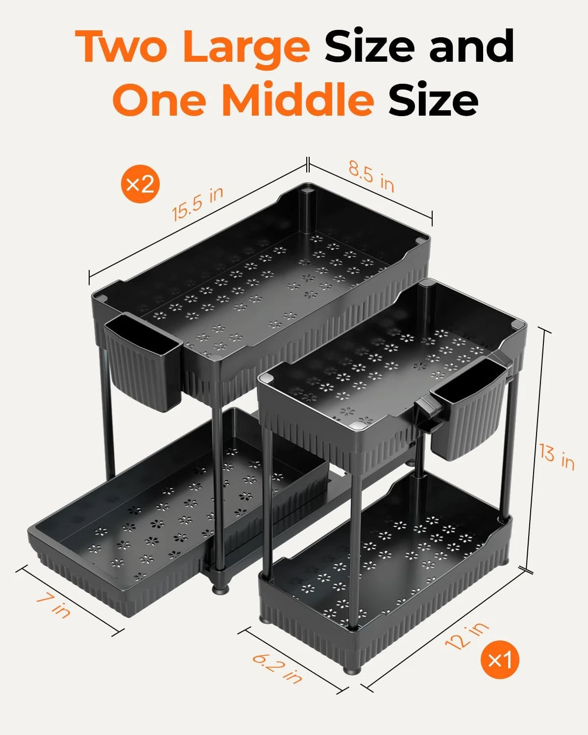 3 Pack 2 Tier Under Sink Organizer with Sliding Drawers, Cabinet Storage Shelf, Kitchen & Bathroom Storage Rack Black
