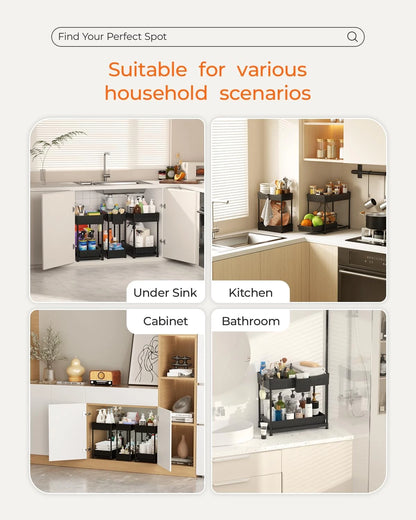3 Pack 2 Tier Under Sink Organizer with Sliding Drawers, Cabinet Storage Shelf, Kitchen & Bathroom Storage Rack Black