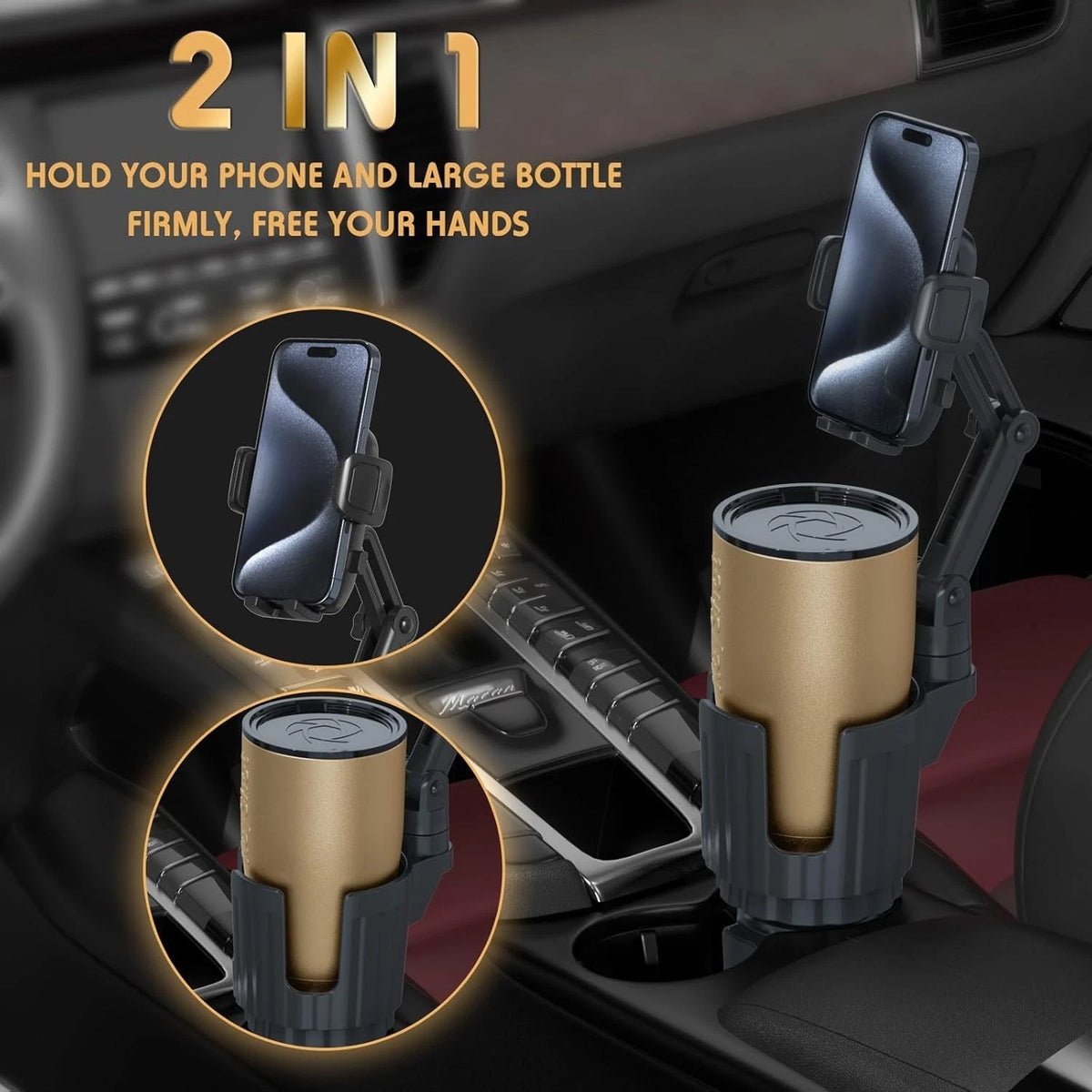 2 in 1 Car Phone Holder with Cup Holder Expander, Adjustable Base, 360° Rotating Universal Phone Mount