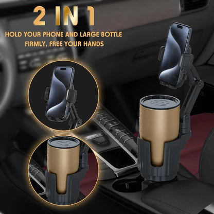 2 in 1 Car Phone Holder with Cup Holder Expander, Adjustable Base, 360° Rotating Universal Phone Mount