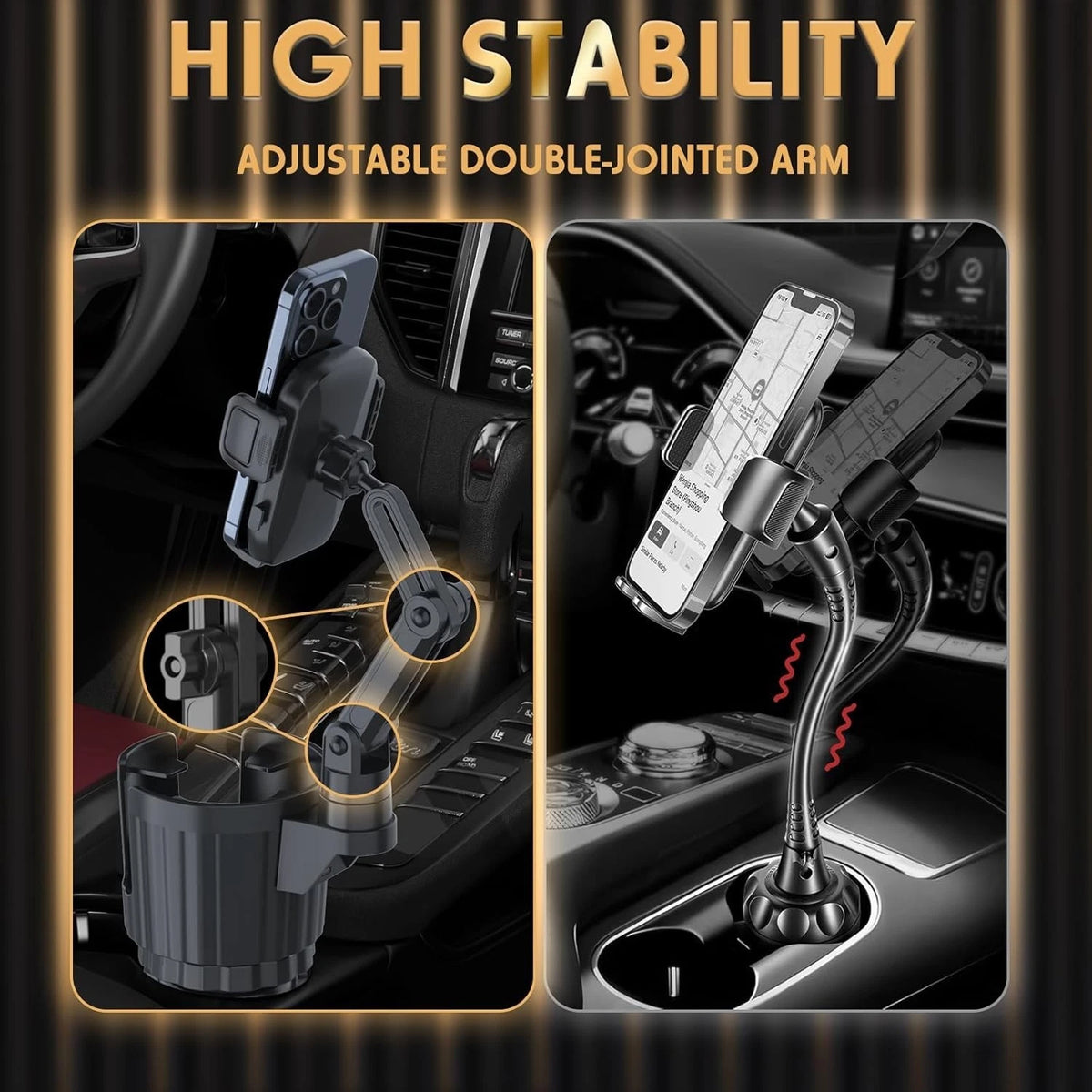 2 in 1 Car Phone Holder with Cup Holder Expander, Adjustable Base, 360° Rotating Universal Phone Mount