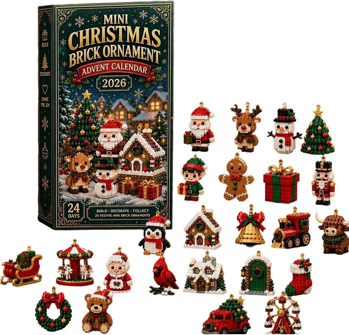 2026 Mini Christmas Brick Ornament Advent Calendar – 24 Buildable Holiday Decorations